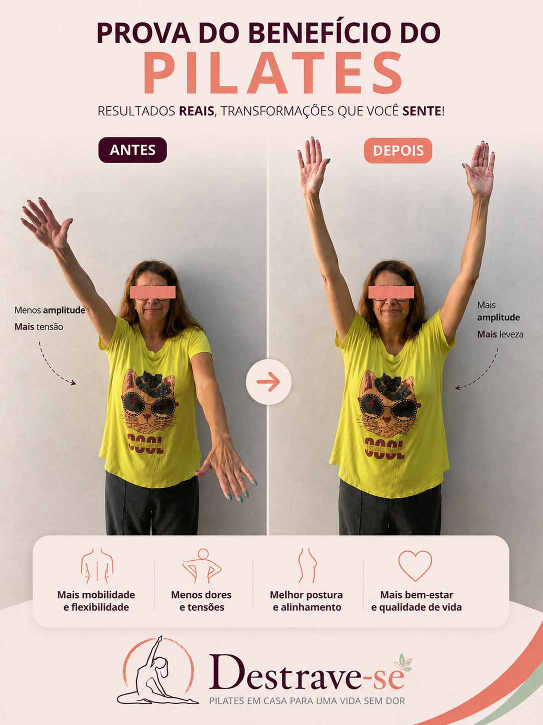 Antes e depois de uma aluna: mais amplitude ao levantar os braços depois do Pilates