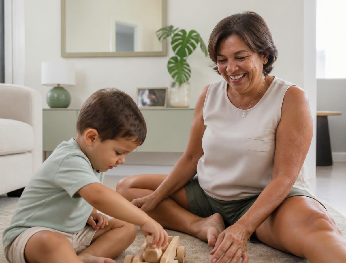 Mulher sentada no chão da sala brincando com o neto