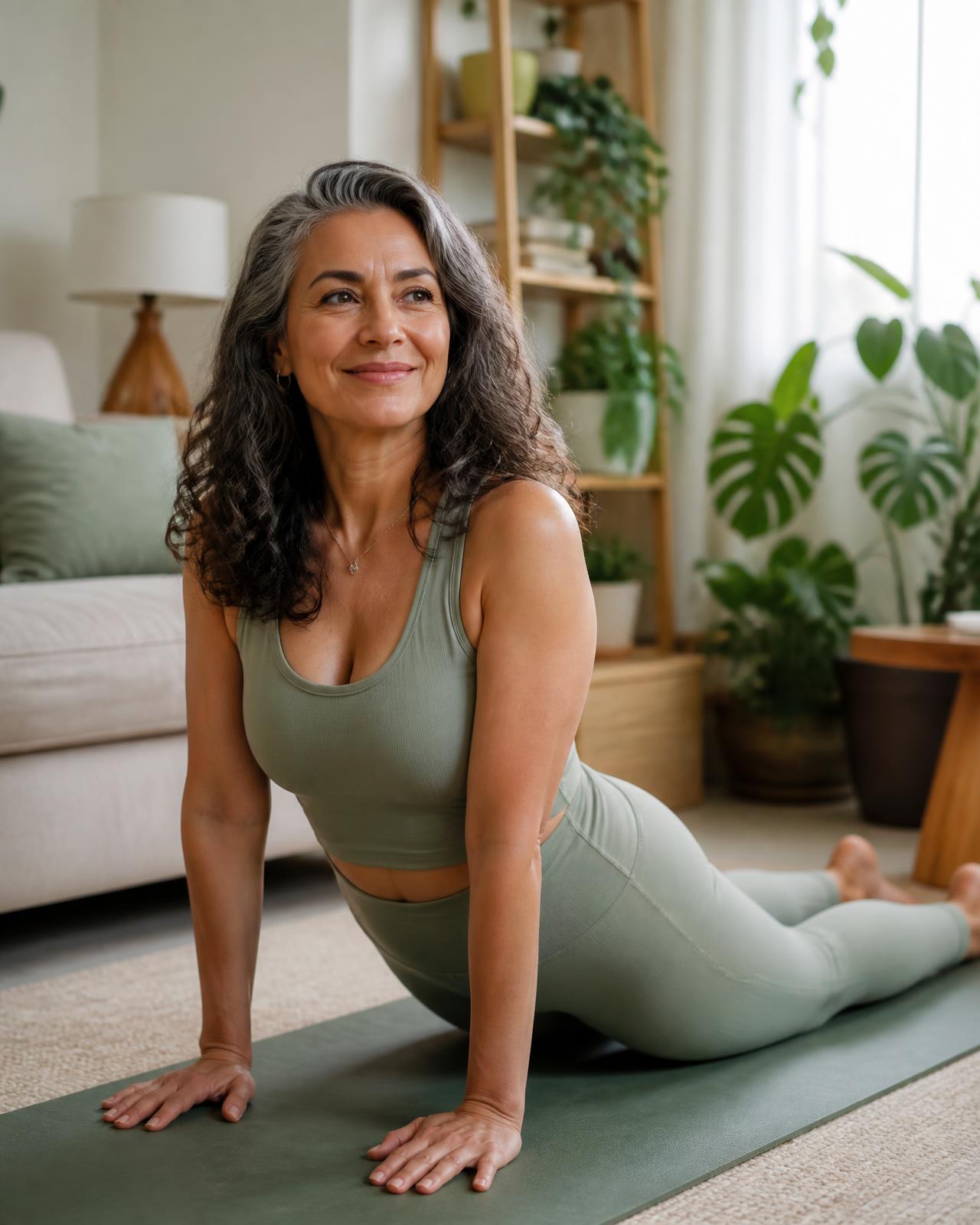 Mulher de 50 anos praticando Pilates em um tapete na sala de casa